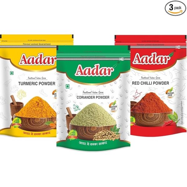 Aadar Spices Combo Pack Turmeric, Coriander, Red Chilli Powder, 200g x 3 (600gm)