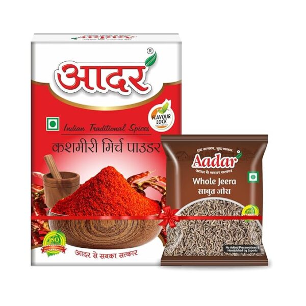 Aadar Spices Kashmiri Red Chilli Powder 100g + 10gm Sabut Jeera, Kashmiri Laal Mirch Powder for Natural Red Color and Taste in Cooking, No Added Preservatives